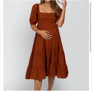 maternity pinkblush rust solid plaid midi dress short sleeve EUC size S (4-6)